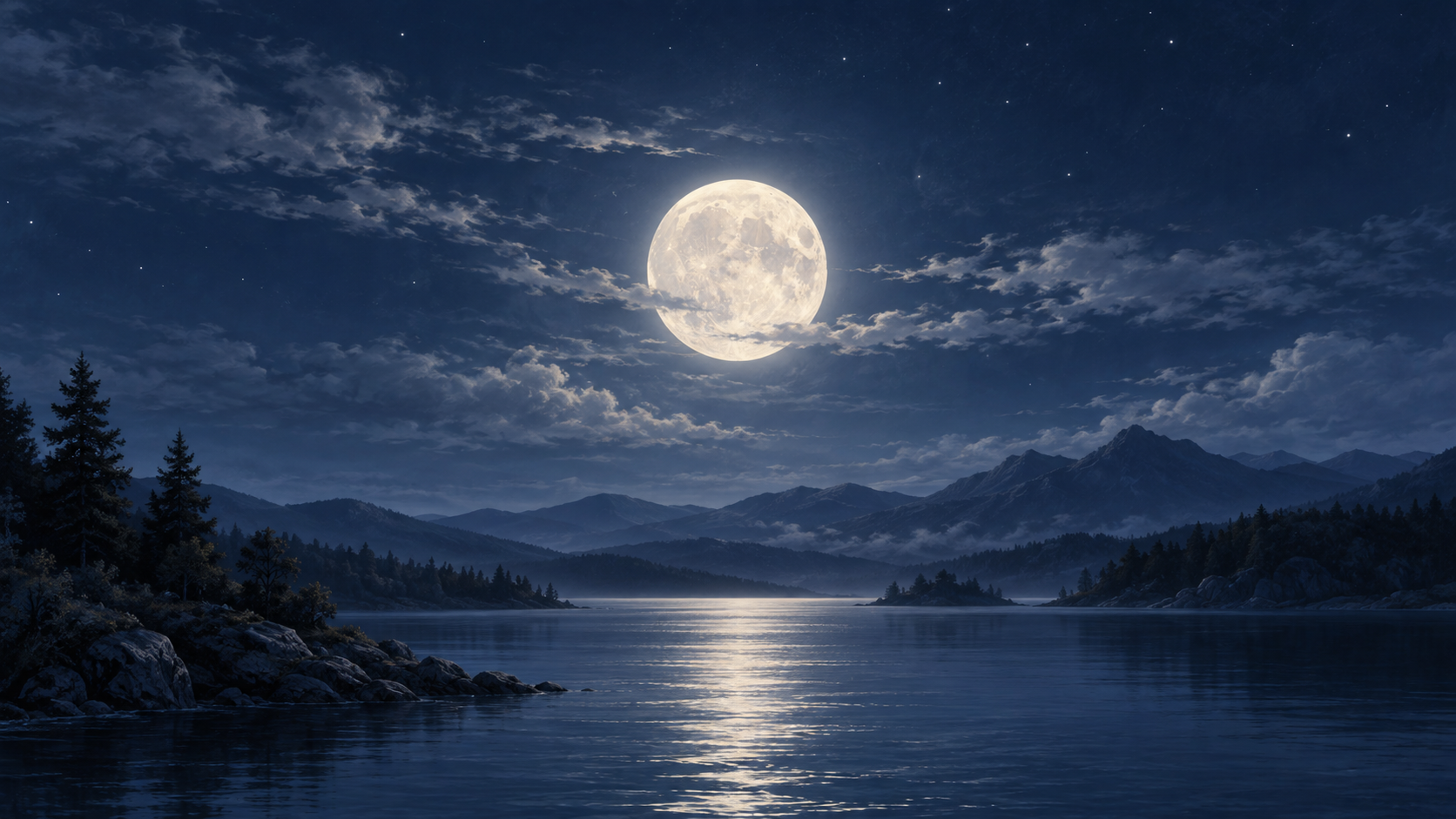 A luminous full moon above a peaceful mountain lake beneath a deep blue sky