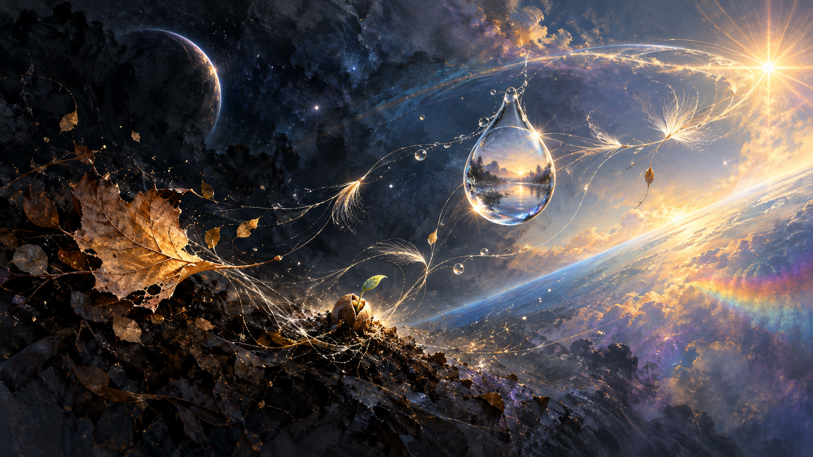 A luminous seed, water droplet, autumn leaves, and featherlike threads beneath refracted light emerging from darkness