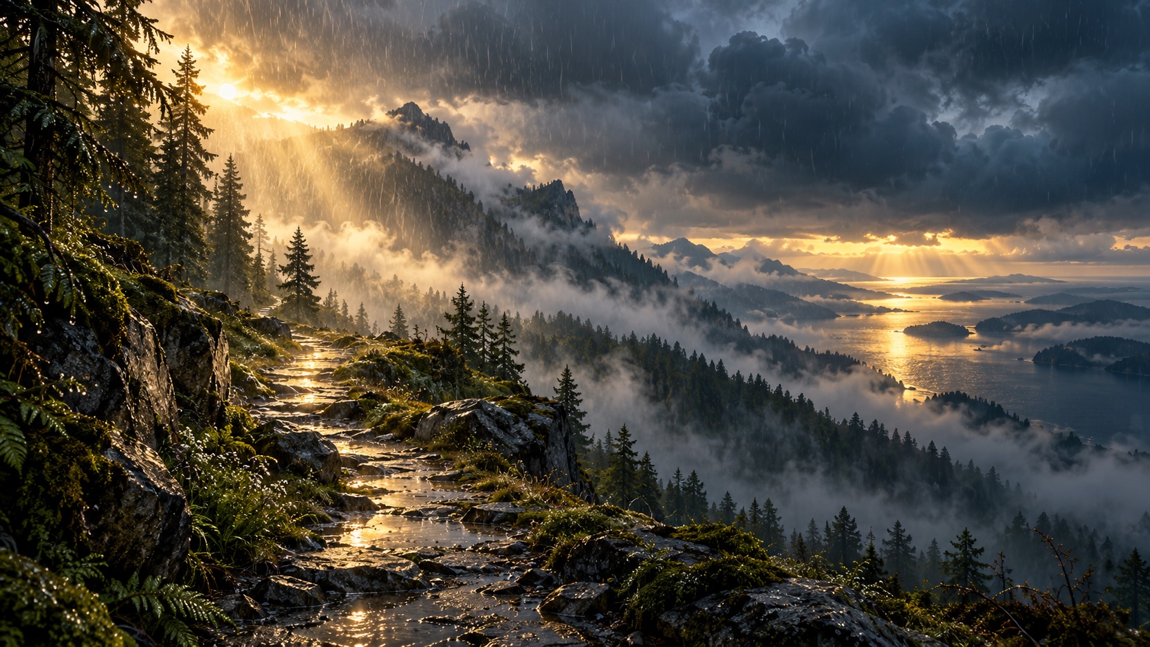 A rain-swept mountain trail glowing beneath dark clouds and faint golden sunlight