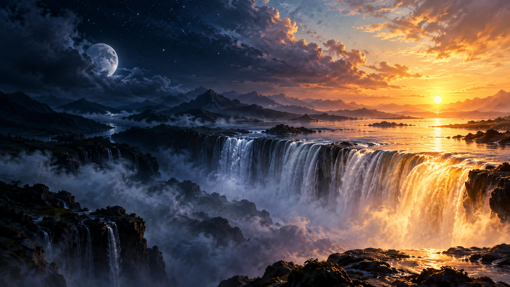 Moonlit water falling through a dreamlike solstice landscape as dawn breaks on the horizon