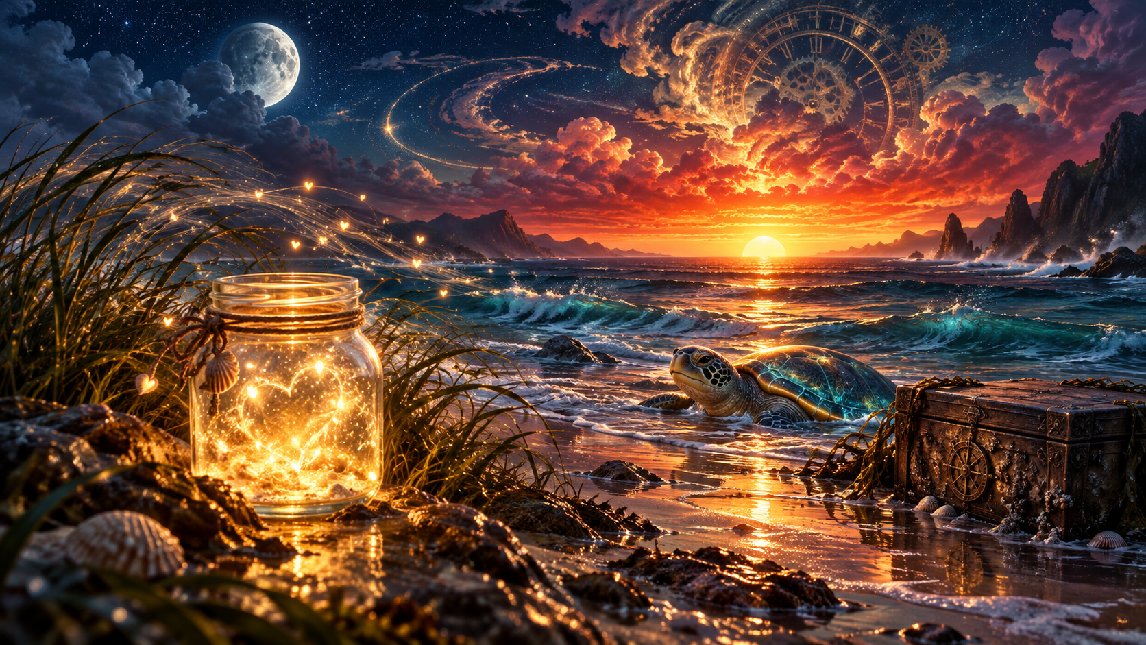 A glowing jar, gentle luminous turtle, and weathered box beside a celestial ocean beneath a red-to-gold sky