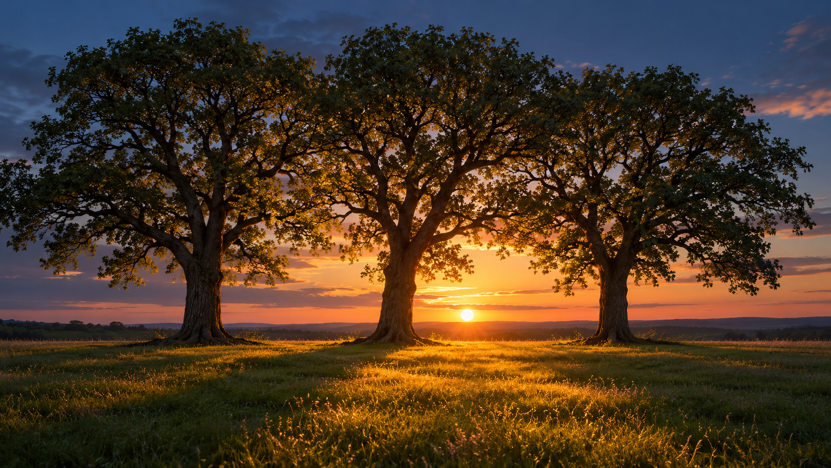 Three trees framing a golden path of light across a park at twilight