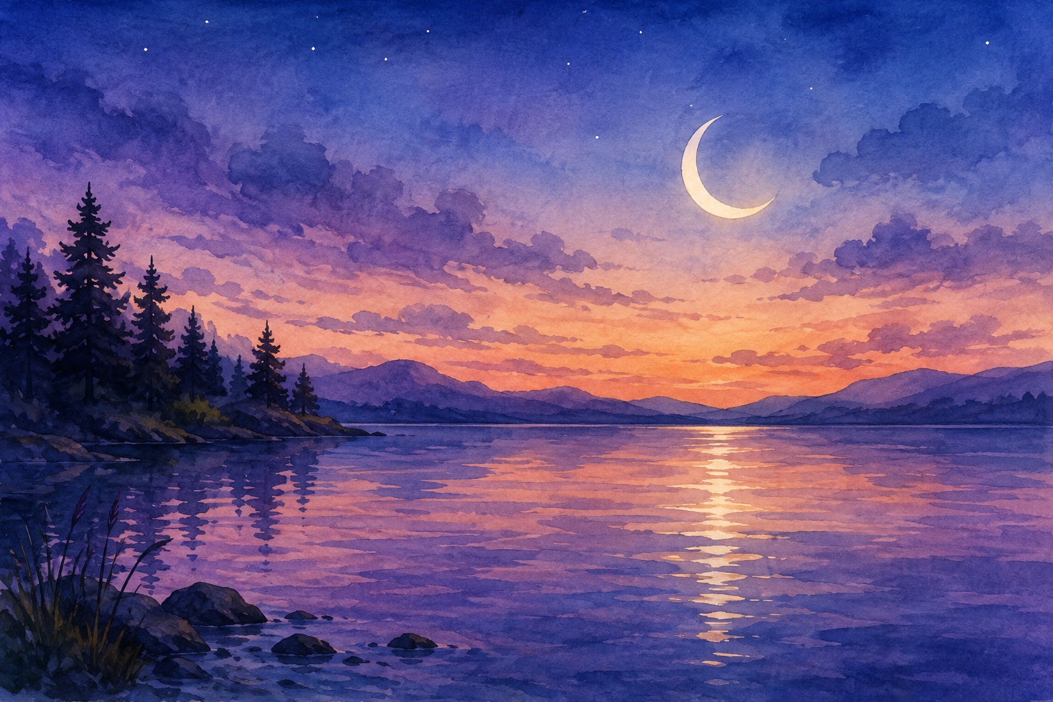 Watercolor twilight over a quiet mountain lake beneath a crescent moon
